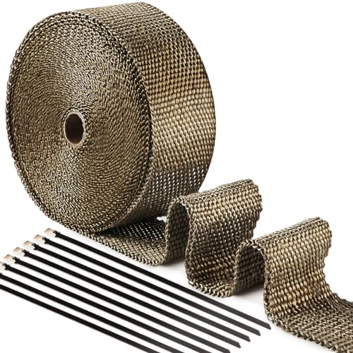 ilauke 15Mx5CM Hitzeschutzband Auspuffband, Titangesteinsfaser Hitzeschutzband Auspuff Metallbraun mit 15 Edelstahl Kabelbinder für Motorrad Fächerkrümmer Thermoband Krümmerband Auspuffanlagen Hitze