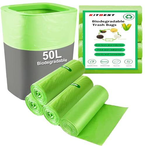 KITBEST 50l Bio Müllbeutel 60Pcs Starker Mülltüten Groß, Schwere Leistung | Recycelt Müllsäcke, Kompostierbare, Beutel Lebensmittel Abfallbeutel, für 30-50 Liter Küche/Bad/Büro Behälter, Grün, 60x80cm