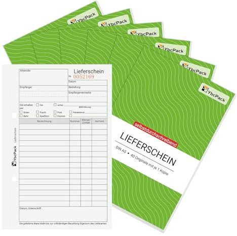 YBCPACK 6er Set Lieferschein-Buch DIN A5 – Selbstdurchschreibend, 2×40 Blatt pro Block, Lieferscheinblock mit farbigem Durchschlag für Büro, Versand
