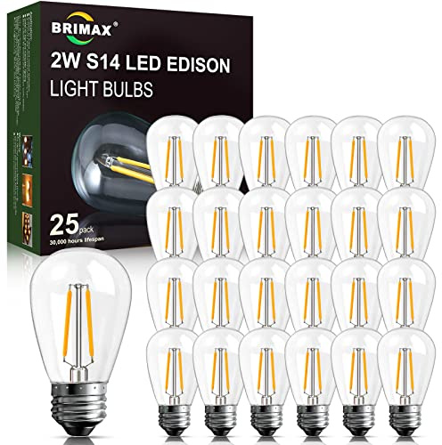 BRIMAX 25 Stück S14 E27 LED Filament Glühbirne 2W 180lm, Klarglas 2700K | Vintage Edison Fadenlampe, Nicht dimmbar IP44 230V – Großpackung für Hochzeit, Gastro, Biergarten, Weihnachtsmarkt