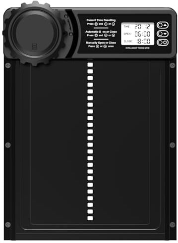 CHAMUTY Aluminum Automatische Hühnerklappe Batterie, Hühnerklappe Automatisch mit Wasserdicht Großes Display, Timer, Manuelle, Elektrische Hühnerklappe Hühnertür, Intelligenter Einklemmschutz, Schwarz
