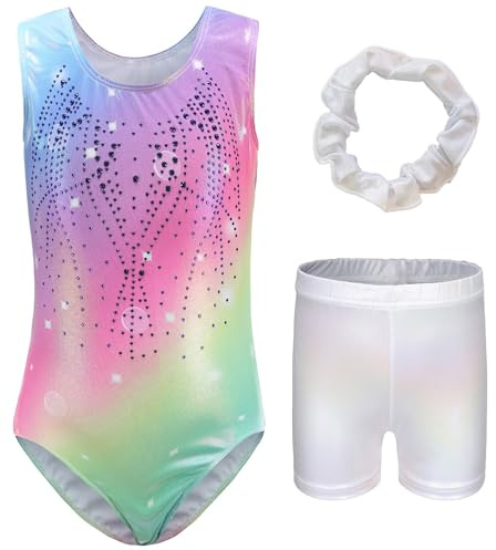 FEOYA Turnanzug Gymnastikanzug Mädchen Gymnastikbody Tanzkostüm mit Turnshorts Haarband Ballettanzug mit Bunte Muster oder Strass Ärmellos/Langarm Ballettbekleidung 110-120