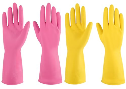 Gummihandschuhe für Geschirrspüler, 2 Paar für die Küche, Reinigungshandschuhe für den Haushalt, wiederverwendbar. (klein, rosa + gelb)