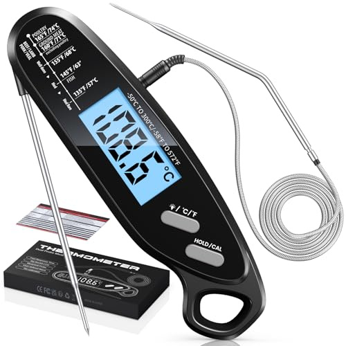 Babacom Fleischthermometer Sofortanzeige mit zwei Sonden & Alarmeinstellung | 40-Zoll-Kabelsonde Bratenthermometer mit Bildschirm und Kalibrierung, Grillthermometer für Küche, Ofen, Flüssigkeiten, BBQ