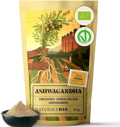 NaturaleBio Ashwagandha Powder Organic 1 kg. 100% Pure Root from India (Withania somnifera). Vegan, Gluten-Free, Organic Certified. Indian Ginseng for Powder Tea, Smoothies & Golden Milk