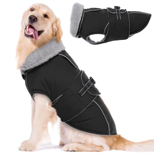 Lelepet Hundemantel Winterweste Reflektierende Fleece Hundejacke für Große Hunde Wasserdicht Hundejacke Wintermantel Warme Winterjacke mit Verstellbarer Schnalle (Schwarz, 2XL)