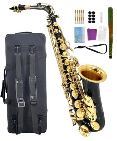 WUQIMUSC Altsaxophon Eb für Anfänger, komplettes Saxophon-Set mit Hartschalenkoffer, Mundstück, Halsriemen, Rohrblätter, Reinigungsset, ideal für Schüler und Profis (schwarz)