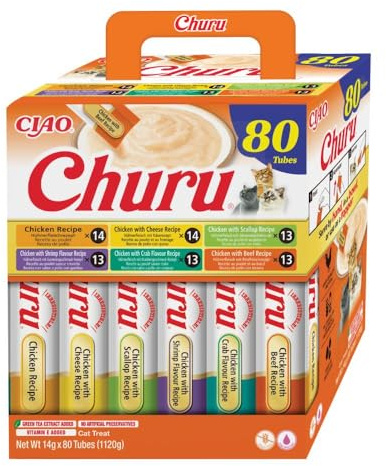 INABA Churu Katzenleckerlis Creamy Snack, Variety Box mit Huhn, Keine Nebenerzeugnisse, Getreidefrei, Zuckerfrei, Kalorienarm, Fleisch, Premium Katzen Leckerlies 14 g x 80