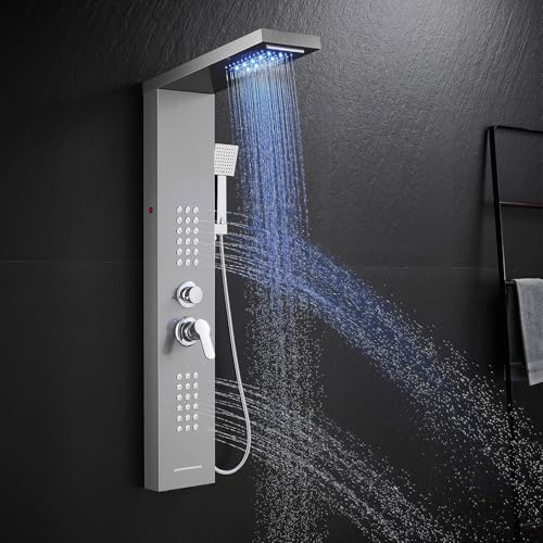 KINKIBOS LED Duschpaneel mit Armatur, 5 Funktionen Duschpaneel mit LED Regendusche, Nebeldusche, Massagedüsen, Handbrause und Wanneneinlauf, Duschsäule aus Edelstahl