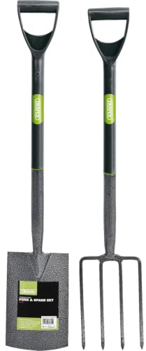 Draper Tools Gartengabel und Spaten aus Kohlenstoffstahl (schwarz) | vollständig gehärtete Klingen, kunststoffbeschichtete Stahlstiele mit Y-förmigen Griffen – Gartengeräte