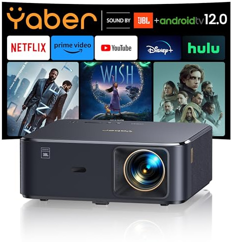 Beamer 4K mit Android TV 11.0, Sound by JBL, Dolby Audio, NFC, Autofokus, Auto Trapezkorrektur, WiFi6, Bluetooth, YABER K2s 1080P Full HD Beamer Heimkino Outdoor 300 Display Video Projektor
