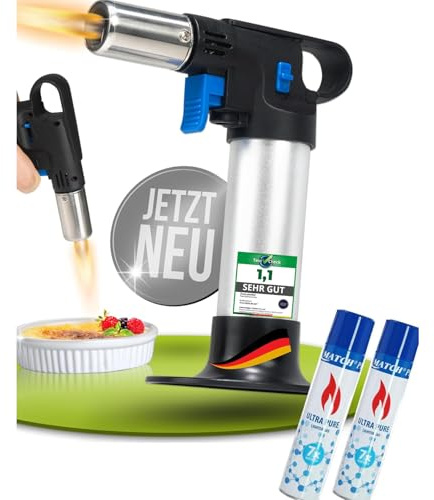 STAHLMANN® Flambierbrenner [inkl. 2x 300 ml Gas] Küchenbrenner 1300 °C | Flambierbrenner für Creme Brulee | Bunsenbrenner Küche | Gasbrenner klein | Dauerflamme | 1.300 °C