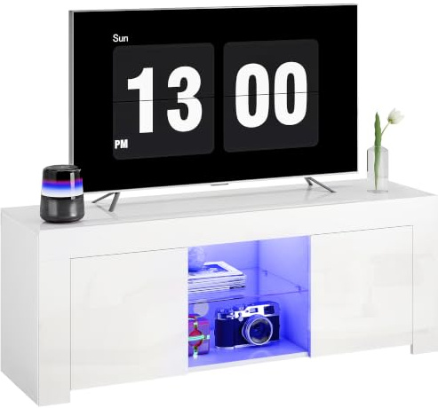 HOMCOM TV Schrank mit LED für 55-Zoll Fernseher Weiß 120x34x45cm | TV Board, 16 Farbige Leuchte, Hochglanz TV Lowboard, 2 Türen, Glasregal, Kabelmanagement, Fernsehtisch, Wohnzimmer