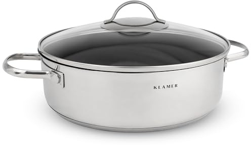 KLAMER Servierpfanne, Schmorpfanne mit Deckel 28cm Induktion, Edelstahl Schmortopf backofengeeignet, Schmorpfanne hoher Rand, Premium Beschichtung