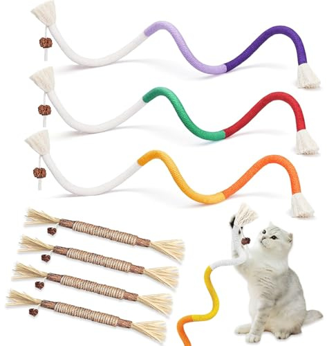 soodyoow 3 Stück Kauspielzeug Katze und 4 Katzenminze Stick, Katzenspielzeug, Beißseilen für Katzen, Katzenbeißseil, Katzenspielzeug Selbstbeschäftigung, Katzen Zahnpflege und Gegen Mundgeruch