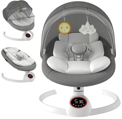 Babywippe Elektrisch Neugeborene bis 9 kg, Klappbar Bluetooth Babyschaukel Elektrisch mit 5 Schwinggeschwindigkeiten, 3-stufigem Timer und Fernbedienung, Tragbar Leicht Wippe Baby Elektronisch (Grau)