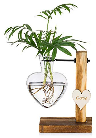 Glasknospenvase mit Holzständer, kreative Hydroponische Glasvasen mit einem Herzen, Moderne Pflanzenvermehrungsstation Desktop-Pflanzgefäßbirne