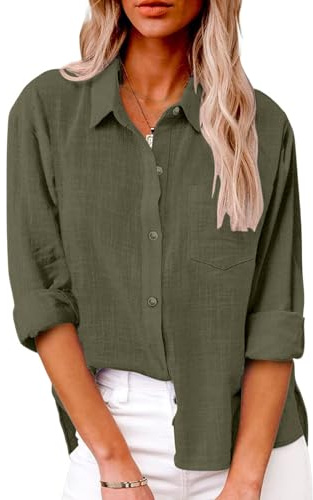 Friptspyg Bluse Damen Lässiges Langarm Hemdbluse Elegant Blusen & Tuniken für Damen V-Ausschnitt 100% Baumwolle Solide Sommer Oberteile mit Tasche