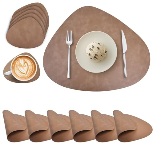 Tischsets Abwaschbar und Untersetzer - Leder Platzsets Rund Doppelseitigen Abwischbar Hitzebeständig Rutschfest Platzdeckchen Lederoptik 6er Set (Camel)