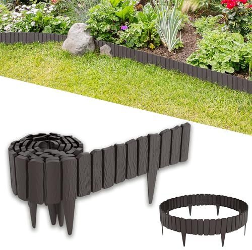 MAYTIIMO Holzoptik Beetbegrenzung, Korrosionsbeständige Beetumrandung, Rasenkante aus PP Kunststoff, Gartenpalisade ideal zur Unterteilung von Innenhof und Gemüsegarten, Braun - 2,3 m(4 Stück)