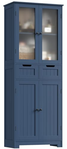 HOCSOK Badezimmerschrank, Badschrank Hochschrank mit 2 Schubladen, Blau | Lackiertem Badschrank Hochschrank mit 4 Türen,Küchenschrank Hoch für Wohnzimmer Küche Esszimmer Büro