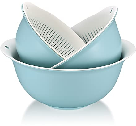 2-in-1 Multifunktion Küchensieb Set, 3 Stk Doppelte Schichte Seiher Schüssel Sieb, Nudelsieb Kunststoff, Abtropfsieb Ablaufbecken Abflusskorb für Obst Reis Gemüse Salat Küchen Sieb, 3 Größen, Blau