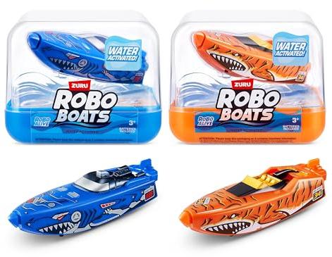 ROBO ALIVE ZURU Robo Boats, Tiger Shark & Robo Shark Boat, 2 Pack, by ZURU Water Activated Boat Toy, (Amazon Exclusive)