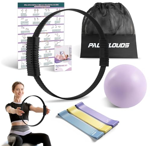 Paleclouds Pilates Ring Set, Pilates Essential Kit mit Magic Circle, 3 Pilates bänder, Miniball, Trainingsposter & Tragbarer Tasche, Pilates Ring Übungen für Core-Training für Frauen