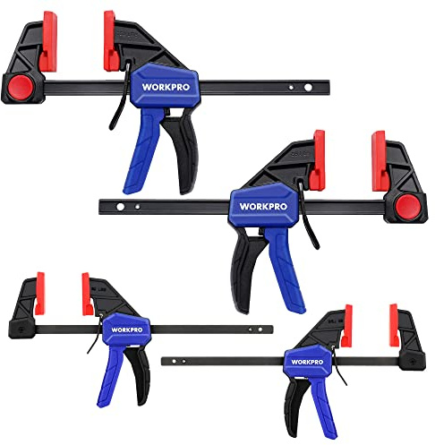 WORKPRO Einhandzwingen Set 4 Stück Schraubzwingen Spanner, Spannweite 120mm/150mm, Dehnbereich 200mm/285mm, Spannkraft 23kg/68kg, Stahl und Nylon für präzises Fixieren
