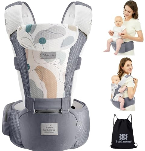 Bebamour Babytrage für Neugeborene bis Kleinkinder, Hüftsitz, 0-36 Monate, Kopfhaube, 3 Stück Zahnungspads, Taillenverlängerung, Grau