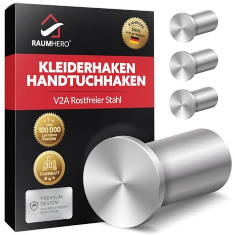 Raumhero Kleiderhaken (4 Stk.) - Garderobenhaken Edelstahl, Handtuchhaken zum Bohren - 100% Made in Germany (Tragkraft bis zu 30 kg) - Extrem vielseitig (inkl. Schrauben, Dübel & Anleitung)