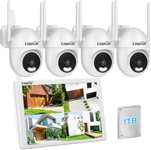 Logisaf PTZ Überwachungskamera Set mit 10'' Monitor, 5MP 10CH WLAN NVR, 4 Pcs 360° PTZ Kameras mit 24/7 Aufnahme, 2-Wege Audio, Farbe Nachtsicht, Automatische Verfolgung, Personenerkennung, 1TB HDD