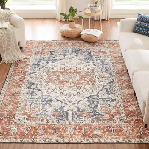 CHOSHOME Waschbarer Kurzflor Teppich Wohnzimmer - 200x290CM Vintage Orange | Fußbodenheizung Geeignet, Rutschfeste Boho Groß Teppiche Für Esszimmer Schlafzimmer Büro, Weich Maschinenwaschbar Carpet