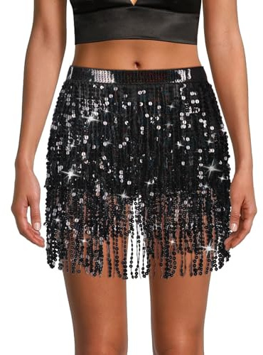 OFFCUP Glitzer Pailletten Quasten Rock für Bauchtanz, Rave Kostüm | Damen Fransen Festival Glitzerrock, Quastenrock für Fasching Karneval Party (Maximaler Taillenumfang 80cm)