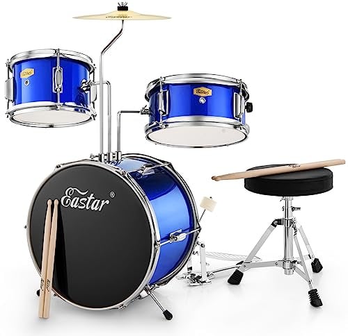 Eastar Schlagzeug 14" 3 PC, für 3-10 Jahre Kinde, Schlagzeug Set mit Snare, Tom, Bass Drum, Bass Drum Pedal, Thron, Becken, Drumsticks, Spiegel Blau
