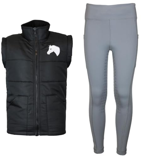 MS-Trachten Reitset Kinder Reitweste Mia schwarz gesteppt Fleecefutter mit Reitleggings Grau (158/164)