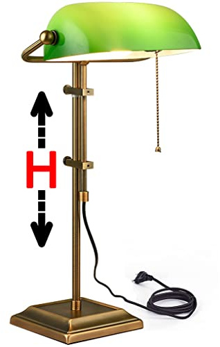 LANMOU Klassische Bankerlampe, Höhenverstellbar Retro Tischlampe Grün Glass Schirm mit Zugketten Schalter Traditionelle Bankers Schreibtischlampe aus Stahl, E27 Tischleuchte für Büro und Schreibtisch