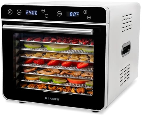 KLAMER Premium Dörrautomat XL 700W, 24h-Timer und 35-80°C Temperaturregler, 8 extra große Einlegefächer aus Edelstahl, Trockner aus Edelstahlgehäuse