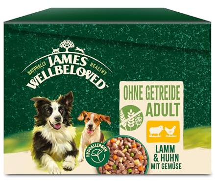 James WELLBELOVED 12 x 90g Hund Portionsbeutel Nassfutter ohne Getreide, Lamm & Huhn mit Gemüse in Sauce