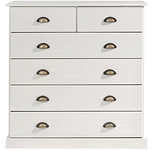 IDIMEX Kommode Paris aus Massivholz, Weiß - Apothekerkommode aus Kiefernholz mit 6 Schubladen, Landhausstil mit Muschelgriffen, Schubladenschrank ideal für Schlafzimmer oder Eingangsbereich