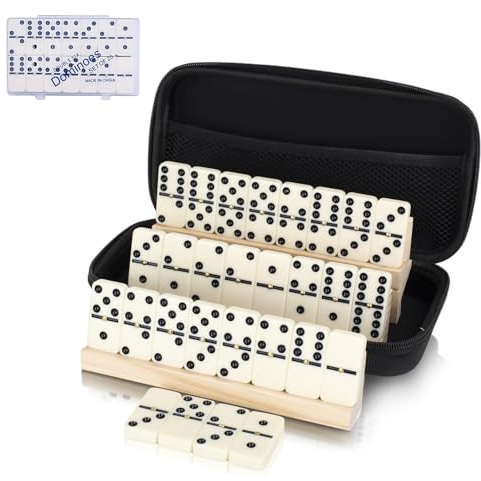 LOVITERRA Double 6 Dominos Set für Erwachsene, langlebige 28 Spielsteine mit 4 Holzständern und Tragetasche, klassische Brettspiele, tragbares Reisespiel