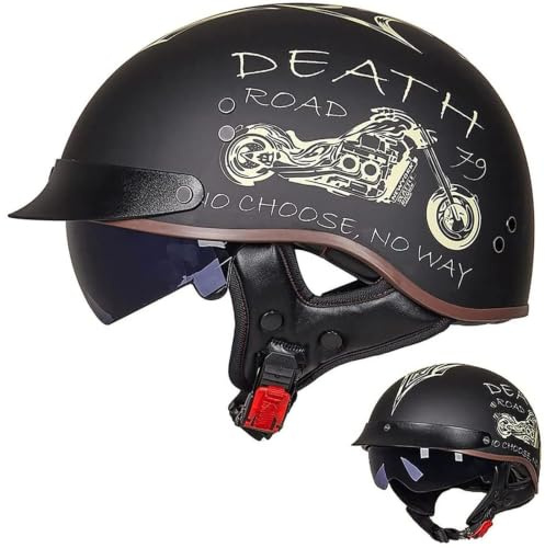 Halbschalenhelm mit ECE, Retro Jethelm Chopper Helm Retro Motorrad Helm, Halbhelme Scooter-Helm Mofa-Helm mit Sonnenblende und Herausnehmbares Atmungsaktives Futter,D-M=（57~58cm）
