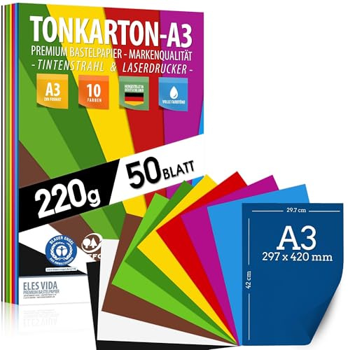 50 Blatt Buntpapier TONKARTON DIN A3 – 220 g Set 10 Farben – Bastelpapier | Dick, Farbige Blätter – Pappe für Kinder, DIY Bogen, Cardstock Zubehör - BLAUER ENGEL & PEFC Zertifizierung - MADE IN GERMANY