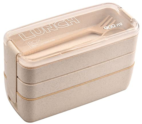 Daelesr Bento Box 900ml mit 3 Fächern - Auslaufsichere Brotdose für Erwachsene & Kinder - Lunchbox mit Besteck für Schule, Büro & Meal Prep - Vesperdose Mikrowellengeeignet & Spülmaschinenfest, Beige