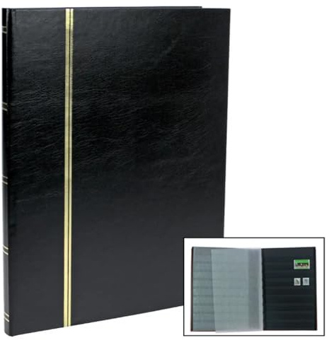 SAFE Briefmarkenalbum, 16 schwarze Seiten, 9 Streifen, schwarz | Großformatiges Einsteckbuch in Leder-Optik mit glasklaren Streifen, doppelten Zwischenblättern und Goldprägung
