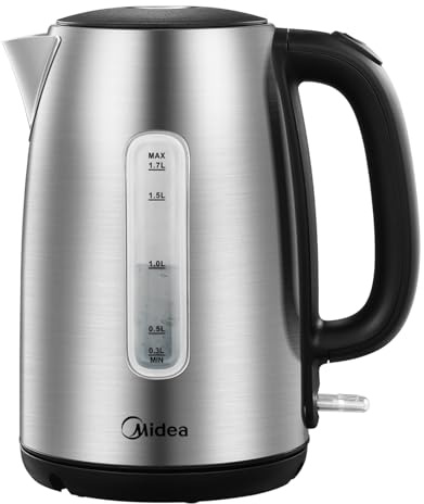 Midea Wasserkocher Edelstahl 1.7L, BPA-freier Wasserkocher, 2200W Schnellkochfunktion, Kettle mit Wasserstandsanzeige, LED-Leuchtanzeige, 360°-Basis, Trockenlaufschutz, MKE17M1ADS
