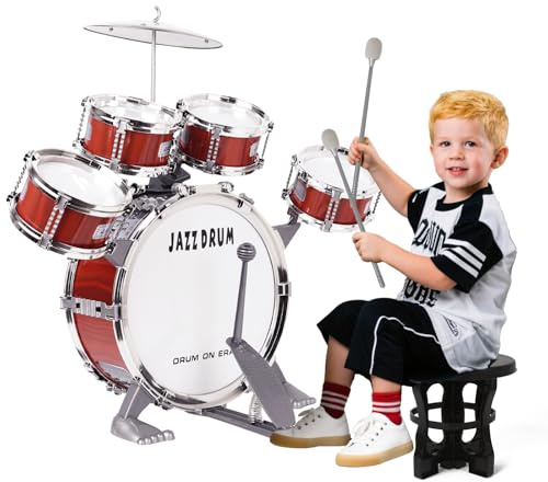 m zimoon Kinder Schlagzeug Schlagwerk Drumset, Jazztrommel Kleinkind Spielzeug 5 Trommeln mit Hocker Pedal Musikinstrument Urlaub Geburtstag Pädagogisches Geschenk für Jungen Mädchen Anfänger Set