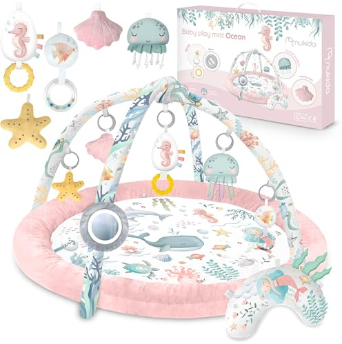 Nukido Spieldecke Mit Spielbogen Baby Spielmatte Babyspieldecke Krabbelmatte Krabbeldecke 7 Spielzeuge Und Kissen Weich Pflegeleicht Ocean Rosa