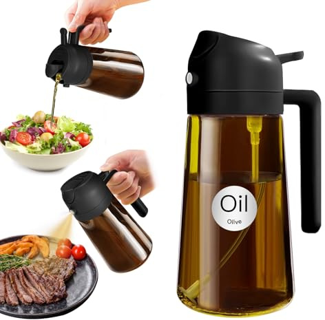 YARRAMATE 470ml lichtblockierender dunkler Ölsprüher zum Kochen, 2-in-1 UV Schutz ölzerstäuber für die Küche, Bernstein Glasölflasche Lebensmittelechter Sprühflasche für Heißluftfritteuse (Schwarz)