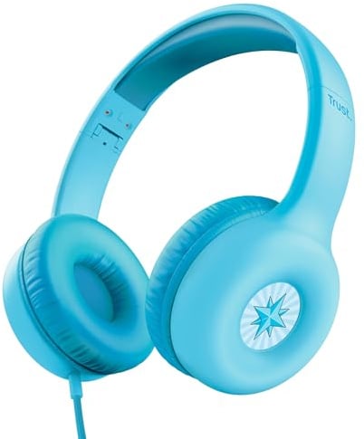 Trust Nouna Kinder Kopfhörer mit Kabel, Lautstärkenbegrenzer (85dB) für Kinderen ab 4 Jahre, On Ear Faltbares Headset mit Mikrofon, 3.5mm Klinke, Kopfhörer Kinder mit Aufkleber, Blau